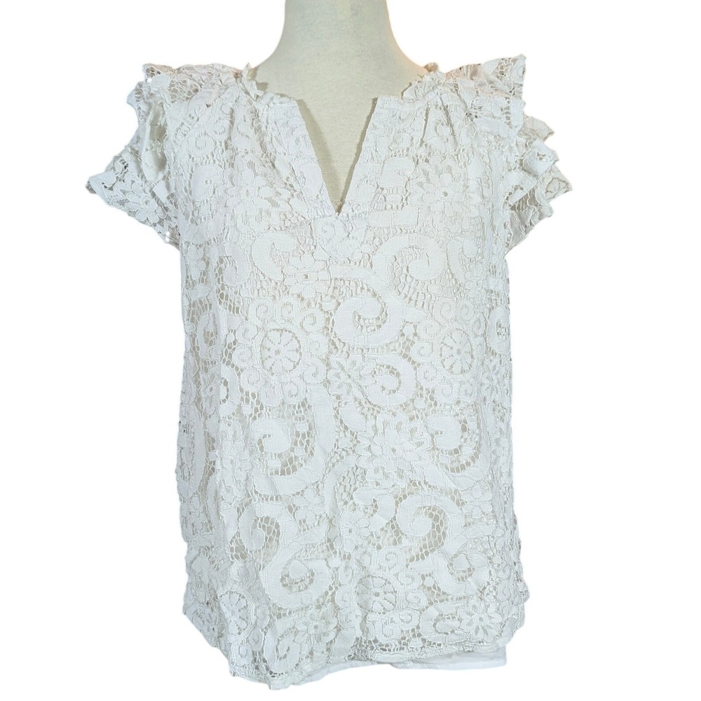 Nanette Lepure Blouse Women M‎ White Floral Lace Flutter Sleeve V-Neck Romantic
